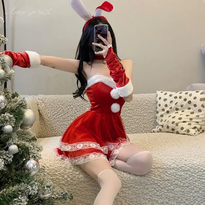 Red Women Christmas Santa Claus Cosplay Costume Winter Off Shoulder Dress Tube Dresses Sexy Red Christmas Dress