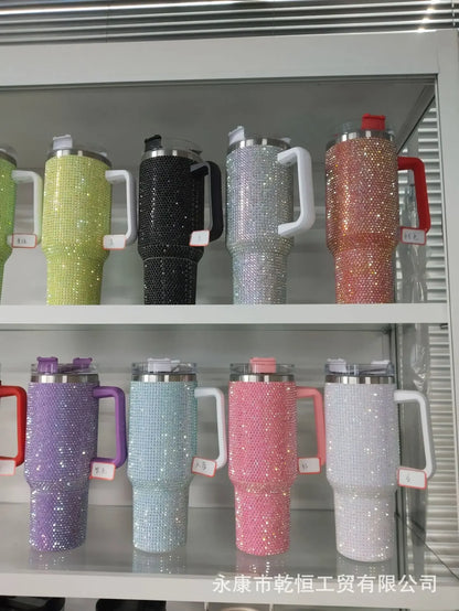 40Oz Diamond-Embedded Large Ice Cup Second Generation with Handle Straw Cup Stick-on Crystals Ice Cream Cup Car