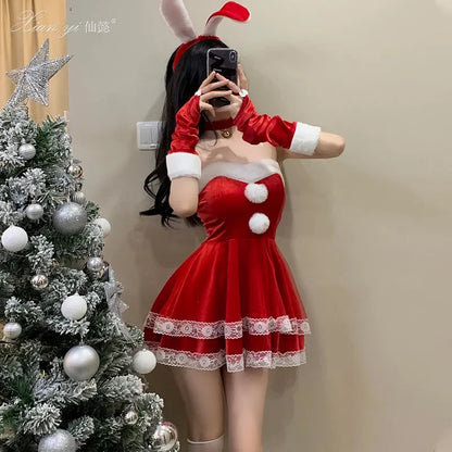 Red Women Christmas Santa Claus Cosplay Costume Winter Off Shoulder Dress Tube Dresses Sexy Red Christmas Dress