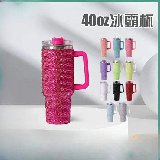40Oz Diamond-Embedded Large Ice Cup Second Generation with Handle Straw Cup Stick-on Crystals Ice Cream Cup Car
