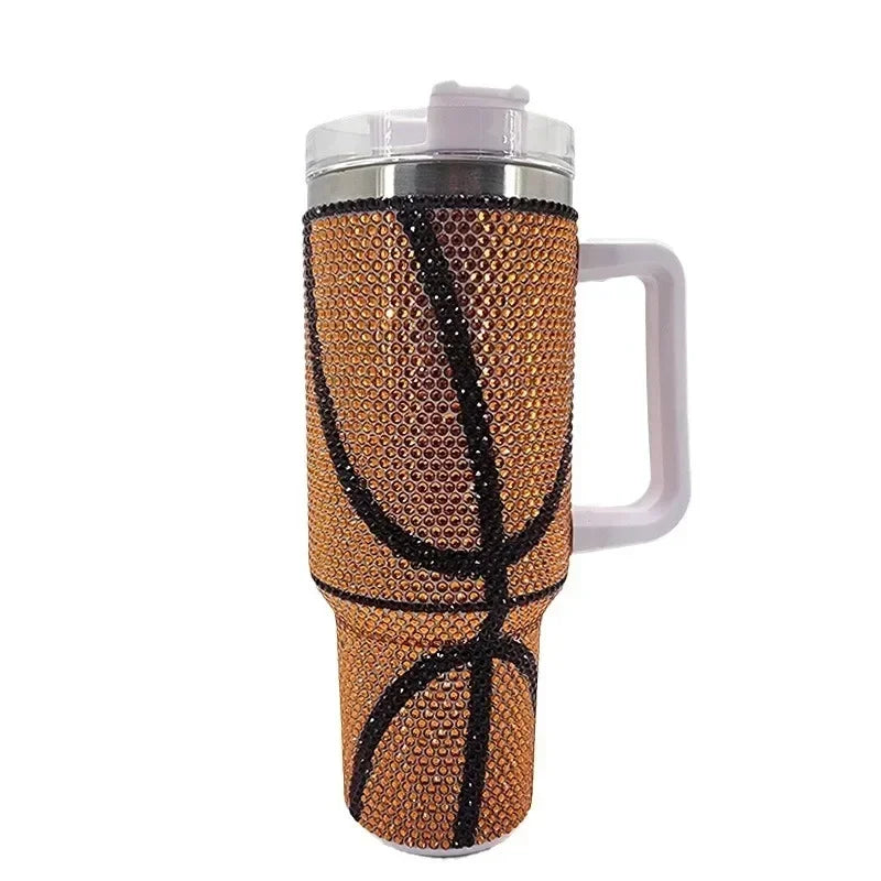 40oz Diamond Inlaid Baseball Car Cup Large Capacity Stainless Steel Insulation Cup with Handle Bling Thermos Coffee Bottle