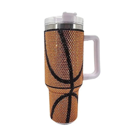 40oz Diamond Inlaid Baseball Car Cup Large Capacity Stainless Steel Insulation Cup with Handle Bling Thermos Coffee Bottle
