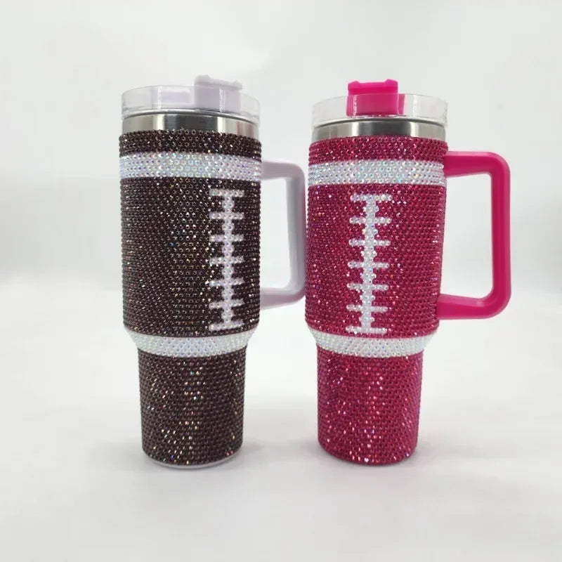 40oz Diamond Inlaid Baseball Car Cup Large Capacity Stainless Steel Insulation Cup with Handle Bling Thermos Coffee Bottle