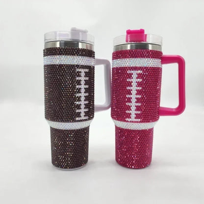 40oz Diamond Inlaid Baseball Car Cup Large Capacity Stainless Steel Insulation Cup with Handle Bling Thermos Coffee Bottle