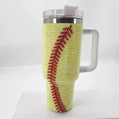 40oz Diamond Inlaid Baseball Car Cup Large Capacity Stainless Steel Insulation Cup with Handle Bling Thermos Coffee Bottle