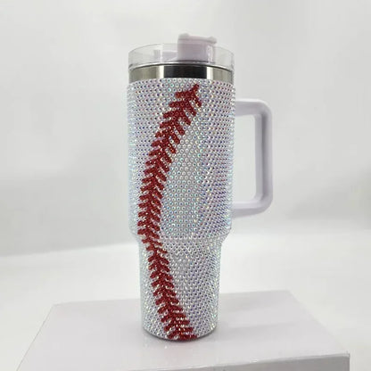 40oz Diamond Inlaid Baseball Car Cup Large Capacity Stainless Steel Insulation Cup with Handle Bling Thermos Coffee Bottle