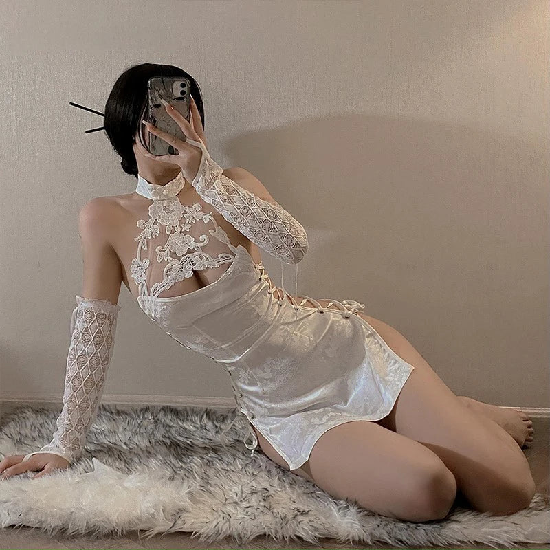 Azur Lane ROC Yat Sen Cosplay Dress Robes Uniform Sexy white Lace Cheongsam Lingerie Outfits Halloween Costume