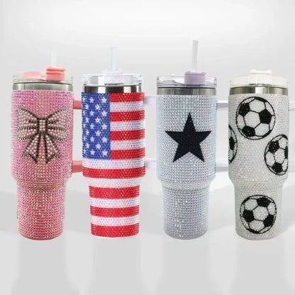 40oz Diamond Inlaid Baseball Car Cup Large Capacity Stainless Steel Insulation Cup with Handle Bling Thermos Coffee Bottle