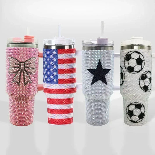 40oz Diamond Inlaid Baseball Car Cup Large Capacity Stainless Steel Insulation Cup with Handle Bling Thermos Coffee Bottle