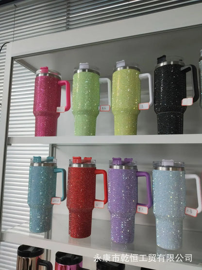40Oz Diamond-Embedded Large Ice Cup Second Generation with Handle Straw Cup Stick-on Crystals Ice Cream Cup Car