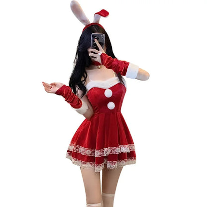 Red Women Christmas Santa Claus Cosplay Costume Winter Off Shoulder Dress Tube Dresses Sexy Red Christmas Dress