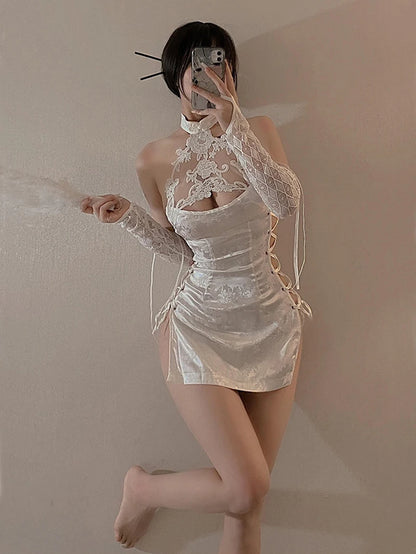 Azur Lane ROC Yat Sen Cosplay Dress Robes Uniform Sexy white Lace Cheongsam Lingerie Outfits Halloween Costume
