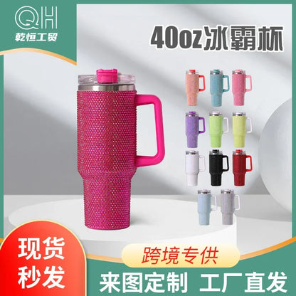 40Oz Diamond-Embedded Large Ice Cup Second Generation with Handle Straw Cup Stick-on Crystals Ice Cream Cup Car