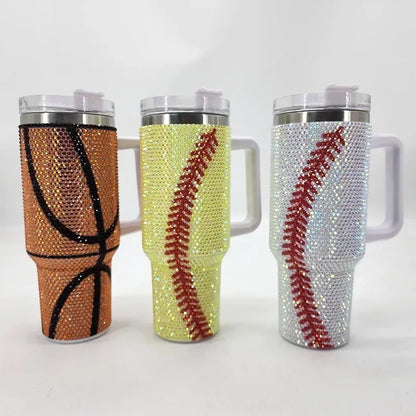40oz Diamond Inlaid Baseball Car Cup Large Capacity Stainless Steel Insulation Cup with Handle Bling Thermos Coffee Bottle