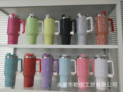 40Oz Diamond-Embedded Large Ice Cup Second Generation with Handle Straw Cup Stick-on Crystals Ice Cream Cup Car