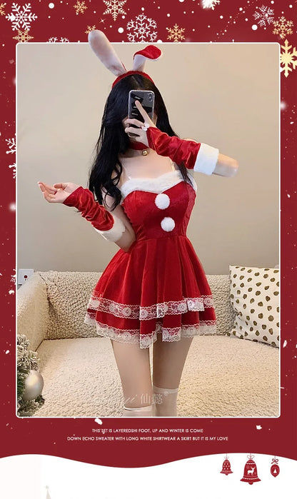 Red Women Christmas Santa Claus Cosplay Costume Winter Off Shoulder Dress Tube Dresses Sexy Red Christmas Dress